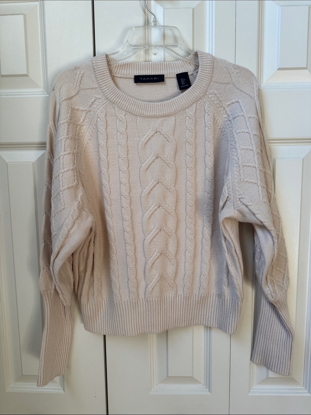 Tahari Cream Cable-Knit Crewneck Sweater - Large